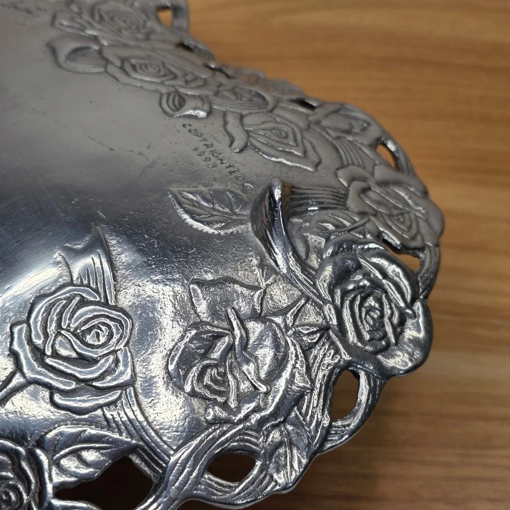 Vintage Arthur Court‎ California Rose Heart Tray Silver 1993 Aluminum With Box